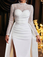 Glamrae Elegant Luxurious Beige Lace Patchwork Satin Ruched Open Slit Mermaid Maxi Dress, Suitable For Weddings, Engagement Parties, Honeymoon